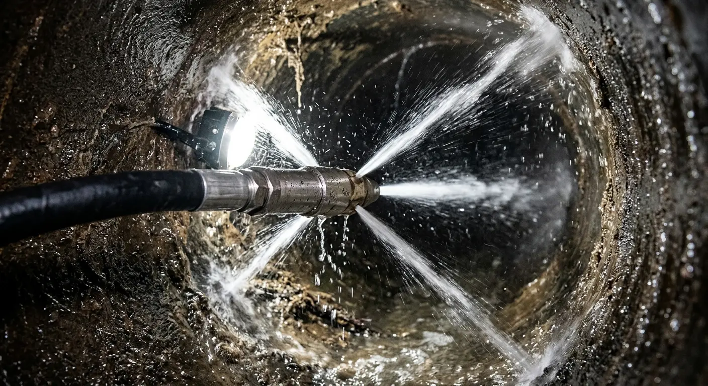 High-pressure hydro jetting nozzle cleaning sewer pipe for Emergency Drain Service in Solebury