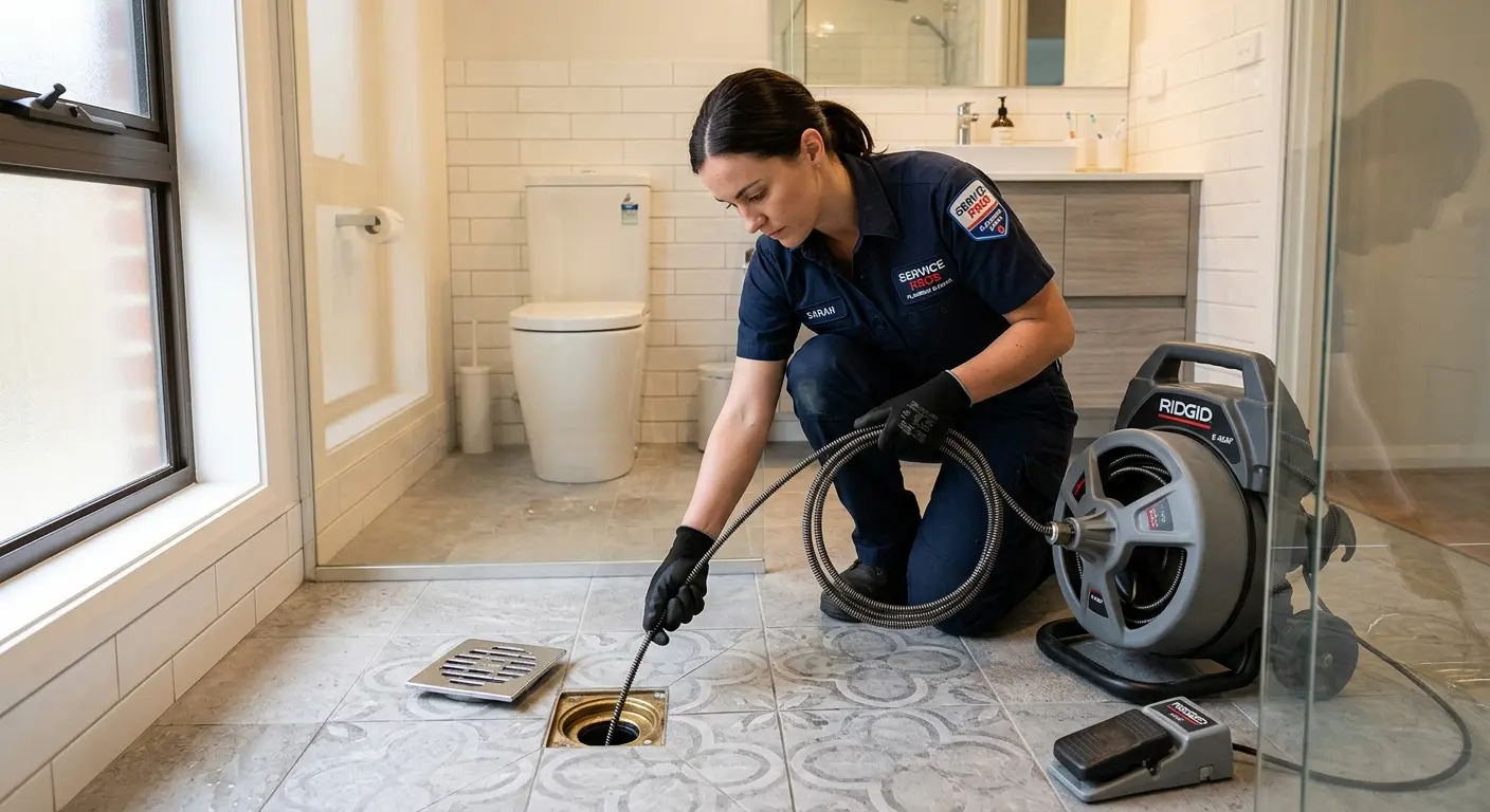 Technician clearing a bathroom floor drain for Drain Repair in Solebury